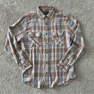 Men's Plaid Button-Up Shirt in Gray & Brown, neutral flannel shirt, men’s large